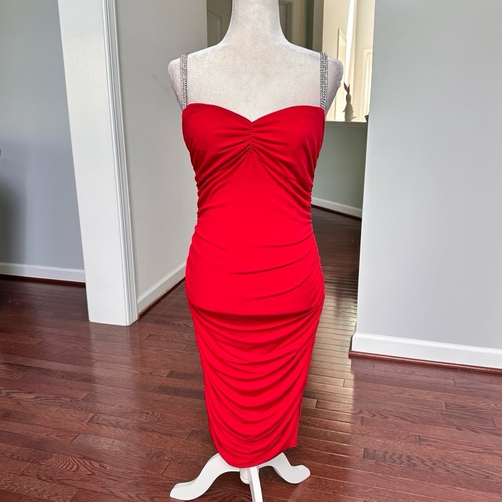 Moda International Red Silver Embellished Straps Ruched Bodycon Sexy Dress